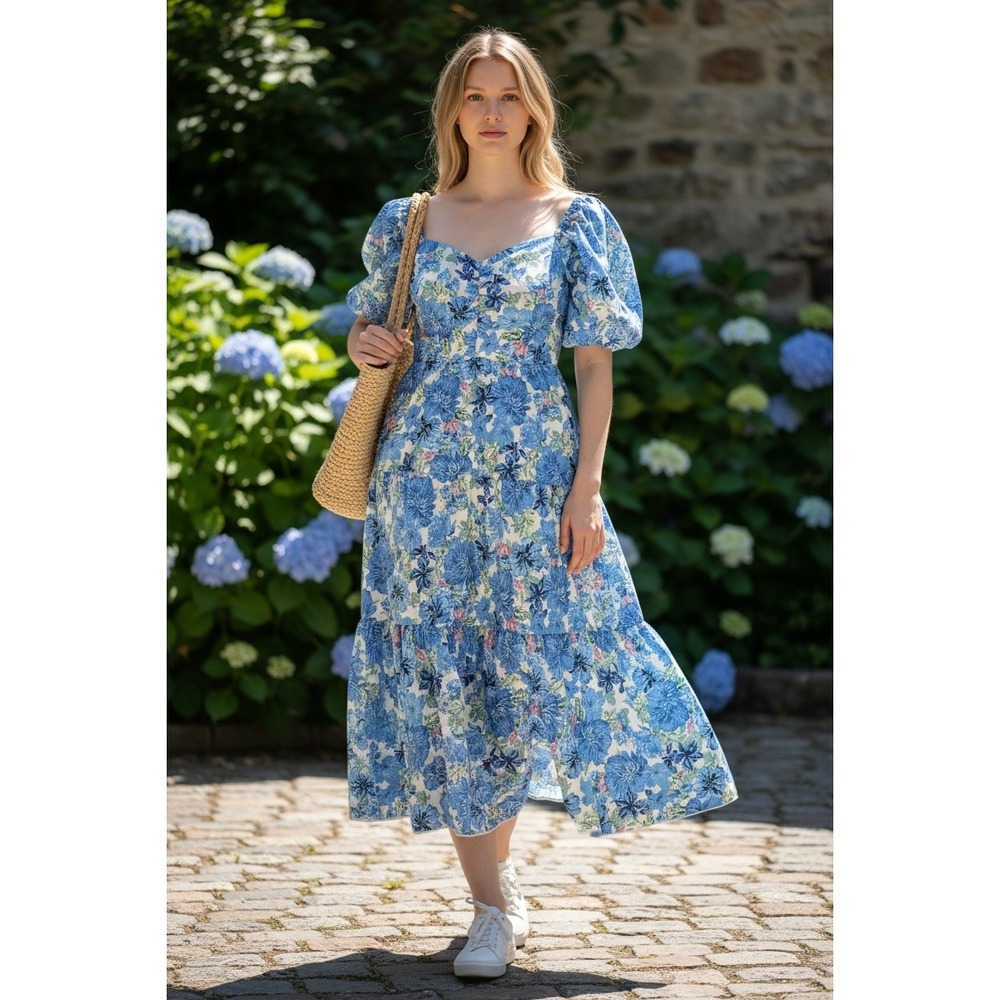 Blue Floral Midi Dress with Puff Sleeves